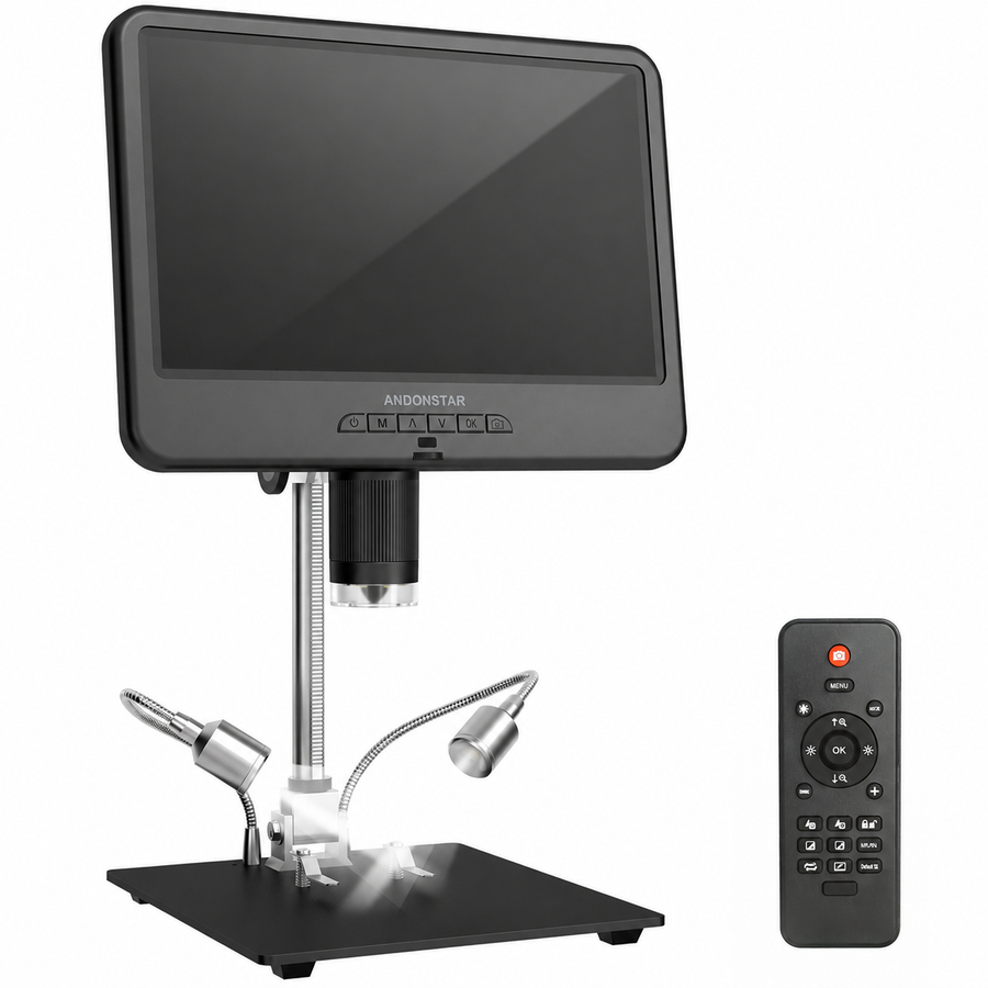 Andonstar AD210 10.1-inch digital microscope with metal stand, work lights, and remote