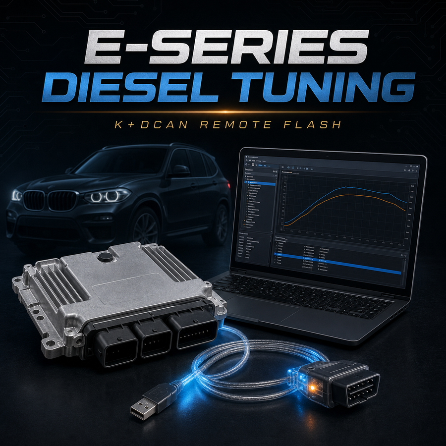 BMW E-Series M57 diesel remote ECU tuning service with laptop, ECU, and K plus DCAN cable