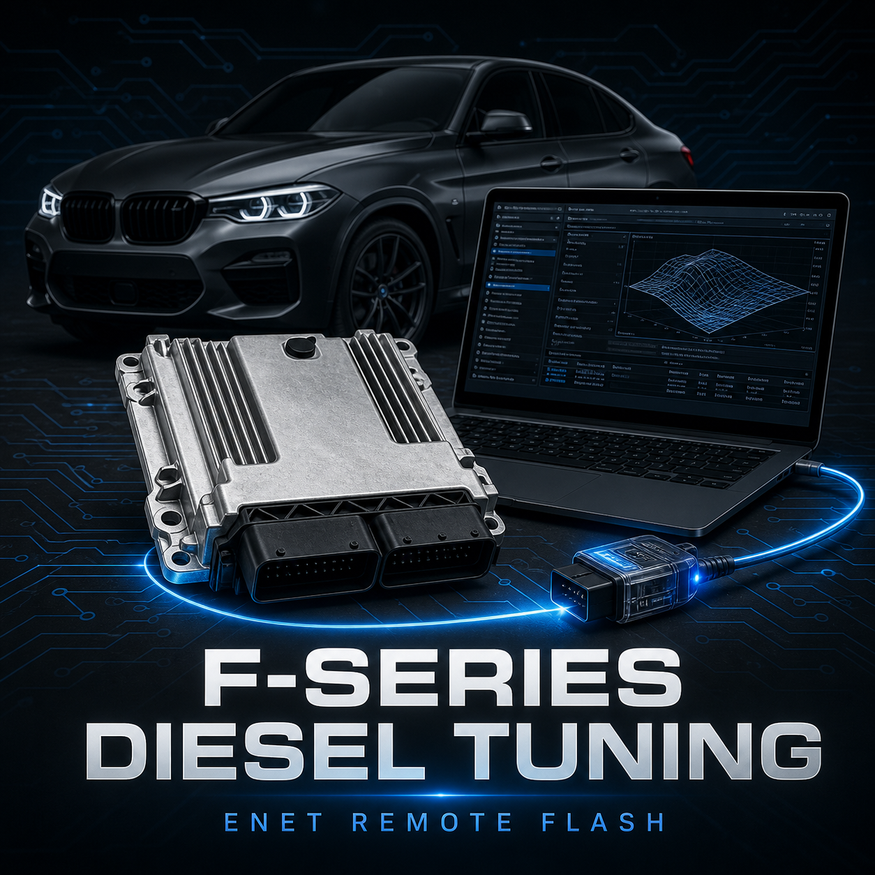 BMW F-Series diesel remote ECU tuning service with laptop, ECU, and ENET connection